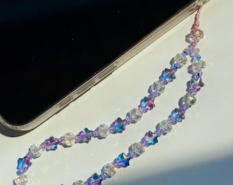 Handmade Iridescent Beaded Phone Strap,  Crystal Glass Star Charm, Sparkling Wristlets, Stellar Bag Accessory