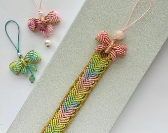 Handmade Macrame Phone Charm, Bow & Gemstone Bag Pendant, Wristlets Lanyard