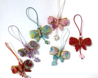 Macrame Bow Phone Charm: Butterfly Keychain and Bag Charm  with Gemstones