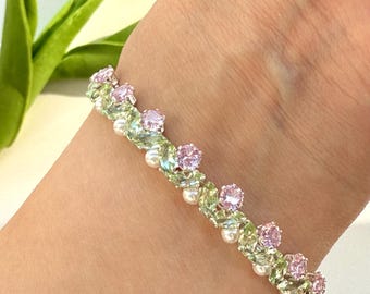 Handmade Floral Bracelet - Pink, Green & White Crystal Pearl Wedding Jewelry, Anniversary, Bridesmaid Bracelet