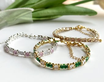 Handmade Vintage Style Zircon Tennis Bracelet: Emerald Green & Champagne Crystal