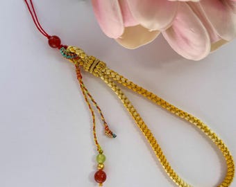 Handmade Gemstone Phone Strap: Braided Wristlet Lanyard with Gold Butterfly #13