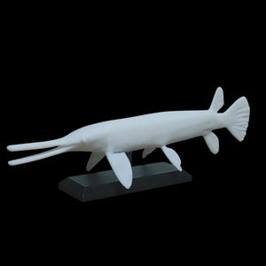 May include: A white sculpture of a longnose gar fish, featuring a distinctive elongated snout and a forked tail. The fish is mounted on a rectangular black base, set against a black background. This decorative piece is ideal for aquatic life enthusiasts.