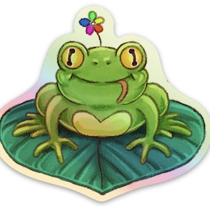 Happy Frog holographique | Oeuvre d'art originale | Oeuvre d'art originale | autocollant animal | Cadeau pour les amoureux de la nature | Très détaillé | Vinyle imperméable