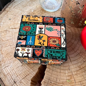 4x4 Garden Patchwork Keepsake Box, Floral Trinket Jewelry Storage, MDF Cottagecore Decor