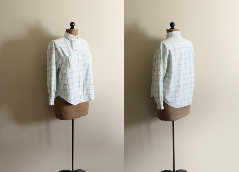 vintage shirt womens clothing 1980s blouse plaid flannel pastel colors pale yellow size medium m