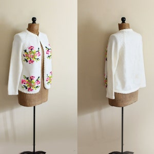 vintage sweater cardigan 60's ivory neon floral 1960's womens clothing size large l image 4