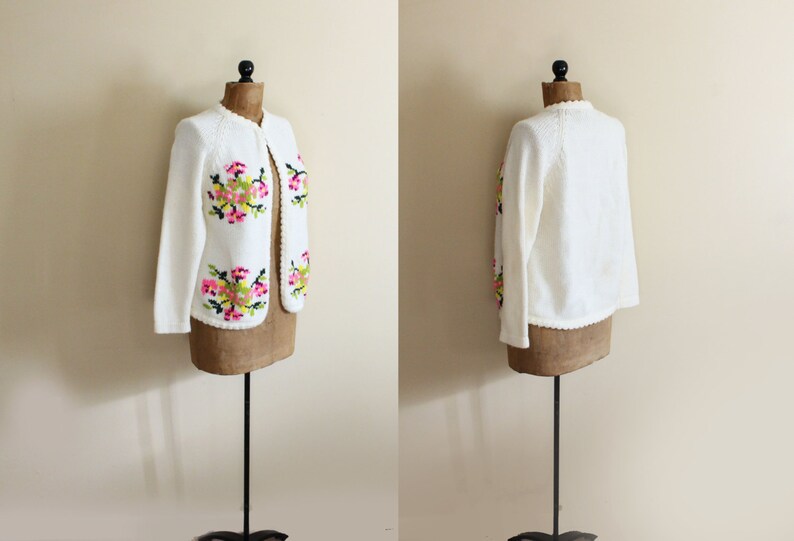 vintage sweater cardigan 60's ivory neon floral 1960's womens clothing size large l image 4