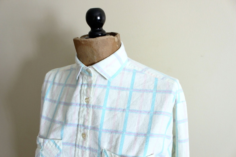 vintage shirt womens clothing 1980s blouse plaid flannel pastel colors pale yellow size medium m