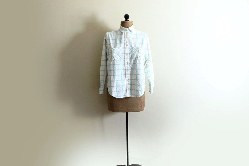 vintage shirt womens clothing 1980s blouse plaid flannel pastel colors pale yellow size medium m