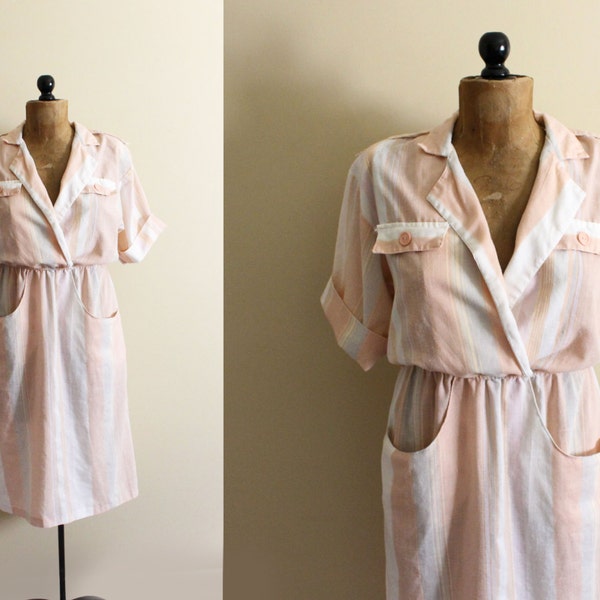 vintage dress 70s peach striped pastel 1970s neutral linen womens clothing size m l medium large