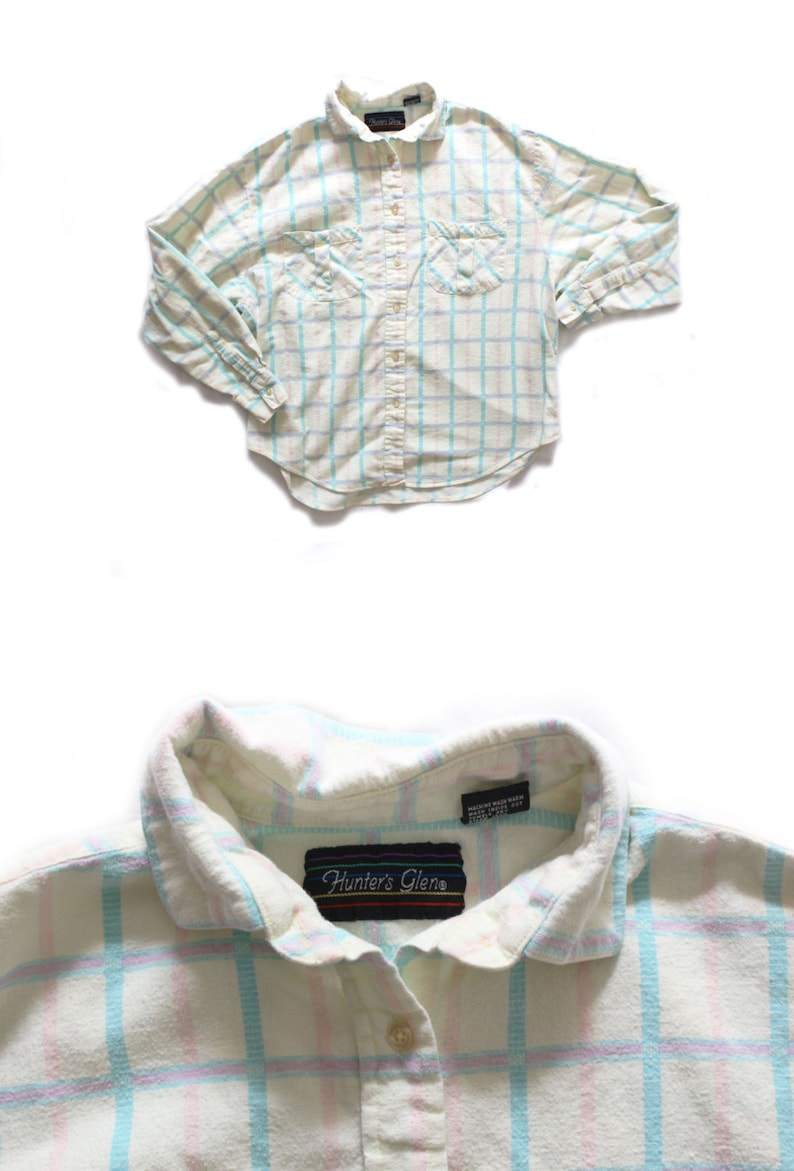 vintage shirt womens clothing 1980s blouse plaid flannel pastel colors pale yellow size medium m