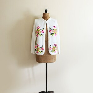 vintage sweater cardigan 60's ivory neon floral 1960's womens clothing size large l image 2