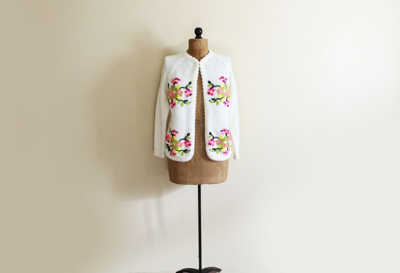 vintage sweater cardigan 60's ivory neon floral 1960's womens clothing size large l image 2