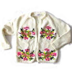 vintage sweater cardigan 60's ivory neon floral 1960's womens clothing size large l image 1