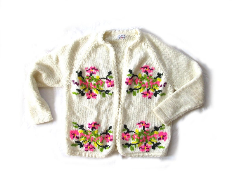vintage sweater cardigan 60's ivory neon floral 1960's womens clothing size large l image 1