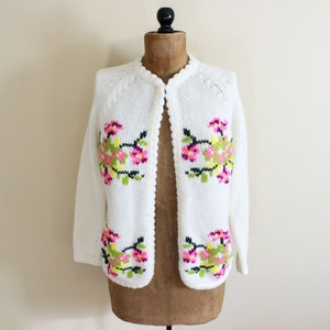 vintage sweater cardigan 60's ivory neon floral 1960's womens clothing size large l image 3