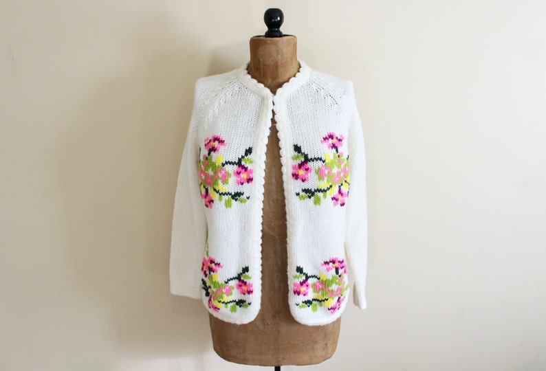 vintage sweater cardigan 60's ivory neon floral 1960's womens clothing size large l image 3