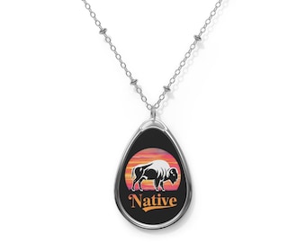 Oval Bison Native Sunrise Necklace, Southwest Tribal Pendant, Zinc Alloy Jewelry