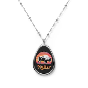 Oval Necklace, Tatanka Native Sunrise Necklace Pendant, Bison Tribal Jewelry Gift, Southwest Style Necklace, Unique Oval Pendant Necklace,