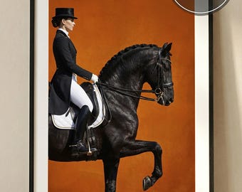 Equestrian Wall Art, Dressage Horse Print, Black Stallion Print, Saddle Orange Decor, Old Money Aesthetic, Digital Download