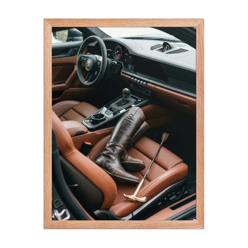 Equestrian Decor, Auto Interior Art, Old Money Wall Art, Cognac Leather Art, Horse Riding Print, Quiet Luxury Framed Poster, Porsche 911 Art