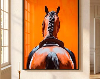 Arte mural ecuestre, lámina de caballo de doma clásica, decoración en color naranja silla de montar, estética de clase alta, cuadro de caballo grande, descarga digital.