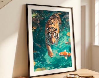 Moody maximalist art, Vintage tiger print, Emerald green print, Dark academia decor, Koi fish wall art, Jungle luxury, Bookish decor