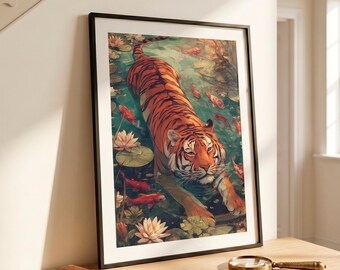 Moody maximalist art, Vintage tiger print, Dark academia decor, Koi fish wall art, Jungle luxury, Bookish decor, Luxury printable art