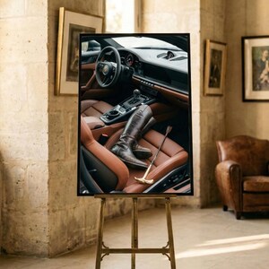 Arte Porsche 911, Arte interior de automóviles, Arte en cuero color coñac, Arte mural de la vieja aristocracia, Lámina de equitación, Decoración de lujo discreto, Ecuestre imagen 7