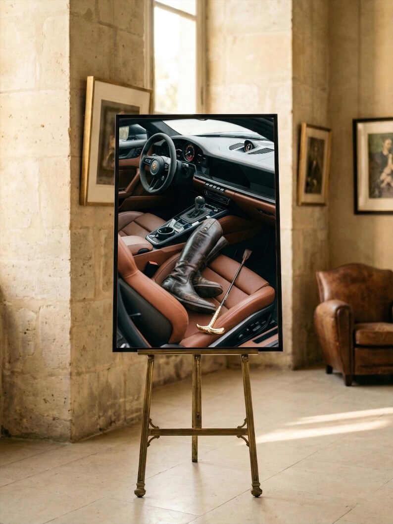 Arte Porsche 911, Arte interior de automóviles, Arte en cuero color coñac, Arte mural de la vieja aristocracia, Lámina de equitación, Decoración de lujo discreto, Ecuestre imagen 7
