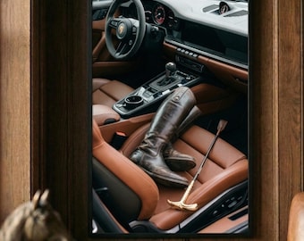 Arte Porsche 911, Arte interior de automóviles, Arte en cuero color coñac, Arte mural de la vieja aristocracia, Lámina de equitación, Decoración de lujo discreto, Ecuestre