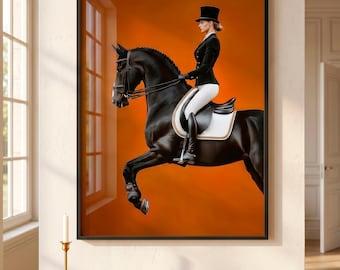 Decoración de pared ecuestre, decoración de pared de doma clásica, lámina de semental negro, estética de la vieja aristocracia, decoración naranja silla de montar, descarga digital.
