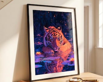 Moody maximalist art, Vintage tiger print, Dark academia decor, Jewel tone wall art, Jungle luxury, Exotic animal print, Bookish decor