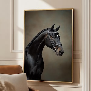 Arte de parede de cavalo preto | Decoração equestre elegante | Download digital | Imprimível de luxo | Retrato de cavalo realista