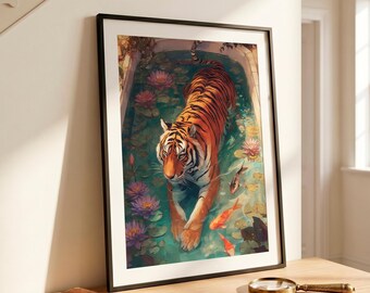 Moody maximalist art, Vintage tiger print, Dark academia decor, Lotus flower art, Exotic animal print, Jungle luxury, Bookish decor