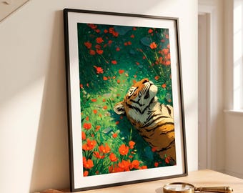 Moody maximalist art, Vintage tiger print, Dark academia decor, Dark botanical decor, Sunlit wildlife art, Jungle luxury, Bookish decor