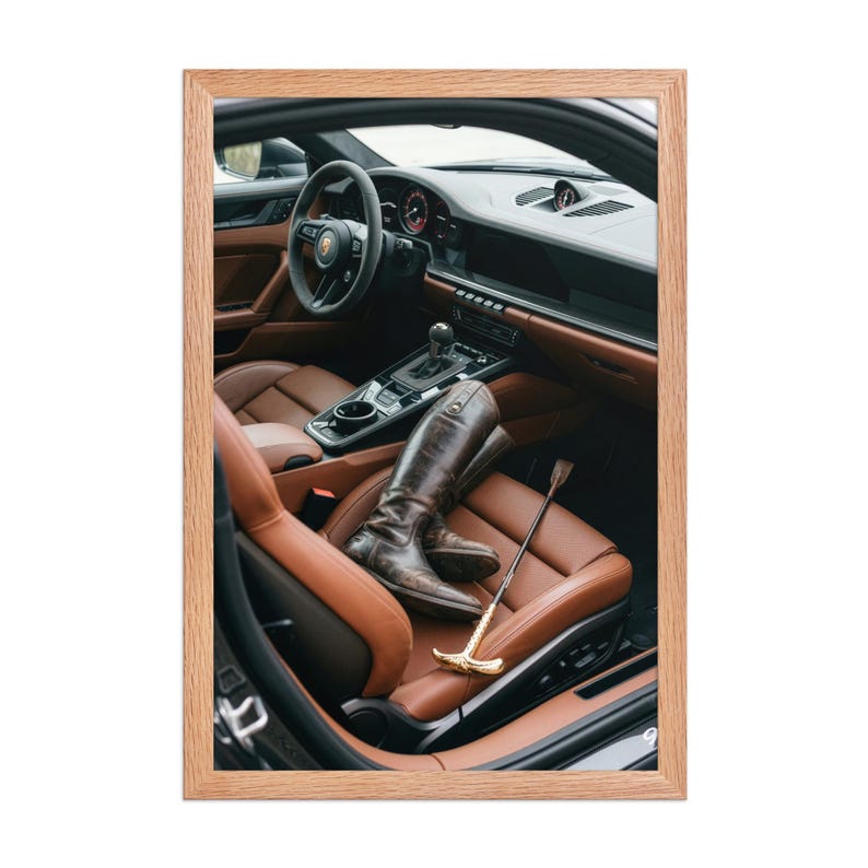 Equestrian Decor, Auto Interior Art, Old Money Wall Art, Cognac Leather Art, Horse Riding Print, Quiet Luxury Framed Poster, Porsche 911 Art