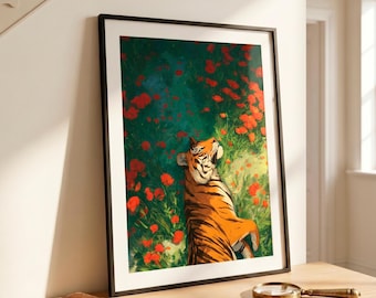 Moody maximalist art, Vintage tiger print, Dark academia decor, Wild poppy wall art, Dark botanical art, Jungle luxury, Bookish decor