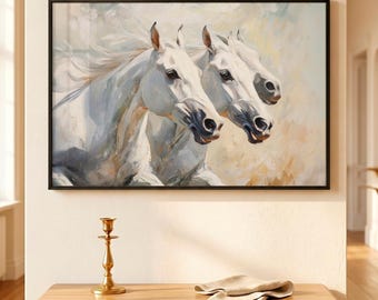 Equestrian Wall Art, White Horse Painting, Light Academia Decor, Neutral Wall Art, Horse Oil Painting, Digital Download