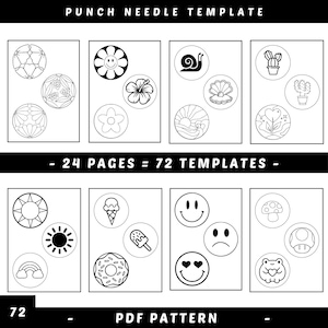Könnte beinhalten: Ein Satz von 72 Schwarzweiß-Stanznadelvorlagen auf 24 Seiten. Die Vorlagen zeigen verschiedene Designs, darunter eine Blume, eine Schnecke, einen Kaktus, eine Sonne, ein Eis am Stiel, ein Smiley, einen Pilz und einen Frosch. Der Text "24 SEITEN = 72 VORLAGEN" und "PDF-MUSTERSCHNEIDE" ist auf der Seite enthalten.