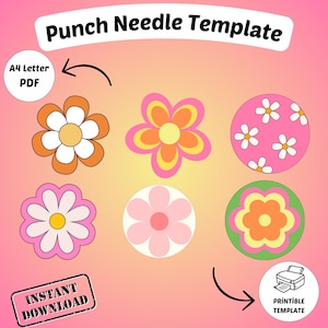 Op de afbeelding: Printbare punch needle sjabloon met zes verschillende bloemontwerpen. De ontwerpen omvatten een roze bloem met een wit centrum, een gele bloem met een oranje centrum, een roze bloem met een wit centrum en witte bloemblaadjes, een groene bloem met een oranje centrum, een roze bloem met een wit centrum en witte bloemblaadjes, en een roze bloem met een wit centrum en witte bloemblaadjes. De sjabloon is beschikbaar als een directe download in A4-letter PDF-formaat.
