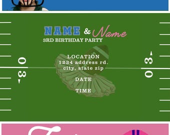 May include: A three-panel design with a football theme. The top panel has the word "TOUCHDOWNS" on a blue background. The middle panel is a green field with text for a birthday party. The bottom panel has the word "Tutus" on a pink background.