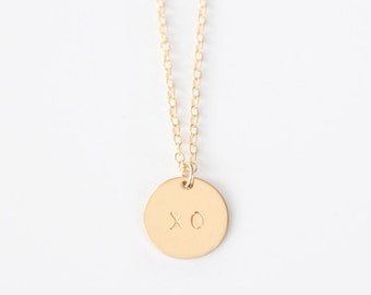 Hand Stamped Necklace - XO Disc - 14k GOLD Filled