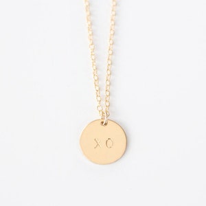 Hand Stamped Necklace XO Disc 14k GOLD Filled image 1