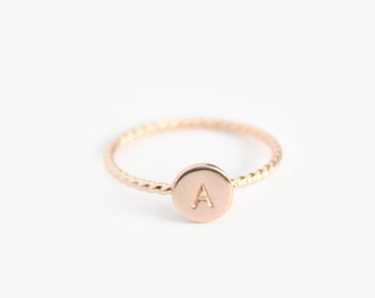 Baby Initial Disc Ring - Twist or Smooth Band - 14k Gold Filled