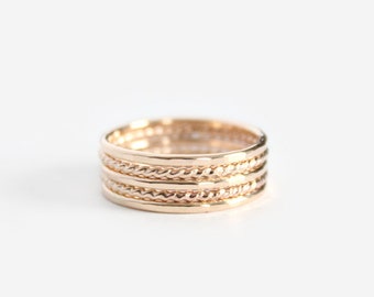 Gold Filled Stacking Rings - Thin Band Ring and Twist Rings - Set of 5