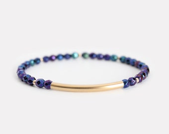 Iridescent Blue Beaded Bar Bracelet - Gold Filled or Sterling Silver - Nuelle