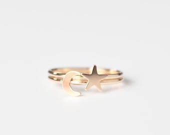 Crescent Moon & Star Band Rings - 14k Gold Filled