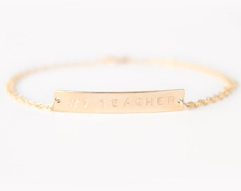 Nameplate Bracelet - Custom Hand Stamped Bracelet - 14k GOLD FILLED Horizontal Bar - Teacher Gift